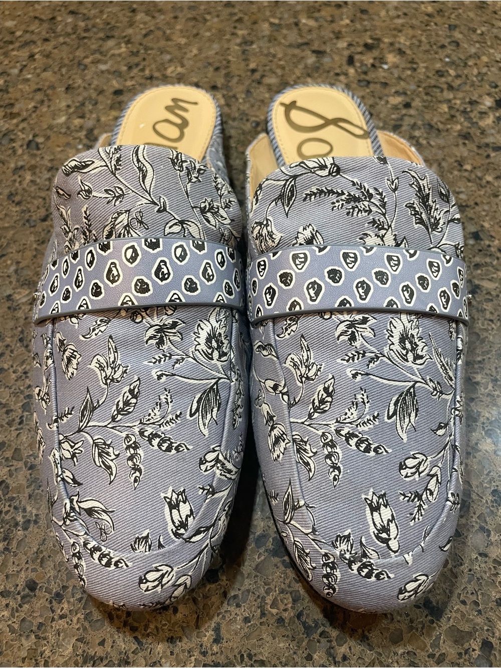 Whimsical Sam Edelman Perri Mule Sz 8 Slip On Dusty Blue Floral Backless Flat - Picture 9 of 11